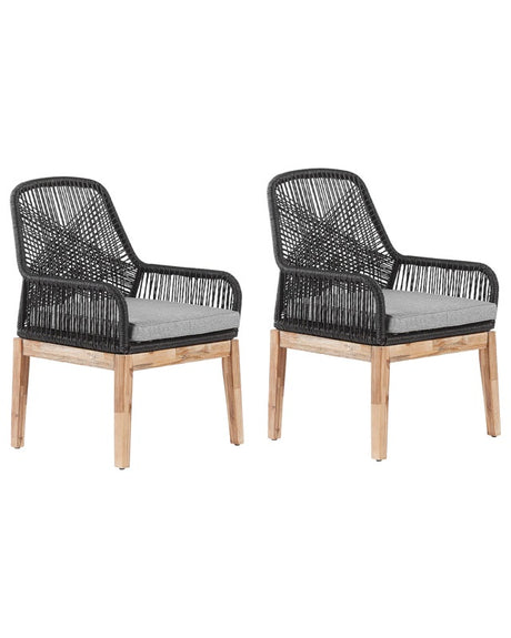 Outdoor Garden Dining Chairs Black Wicker Polypropylene Steel Frame Wooden Legs Acacia Modern Design Set of 2  Beliani