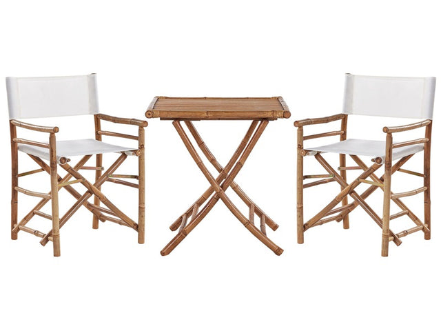 Bamboo Bistro Set Natural Wood Beige Fabric Seat 2 Folding Directors Chairs and Side Table Beliani