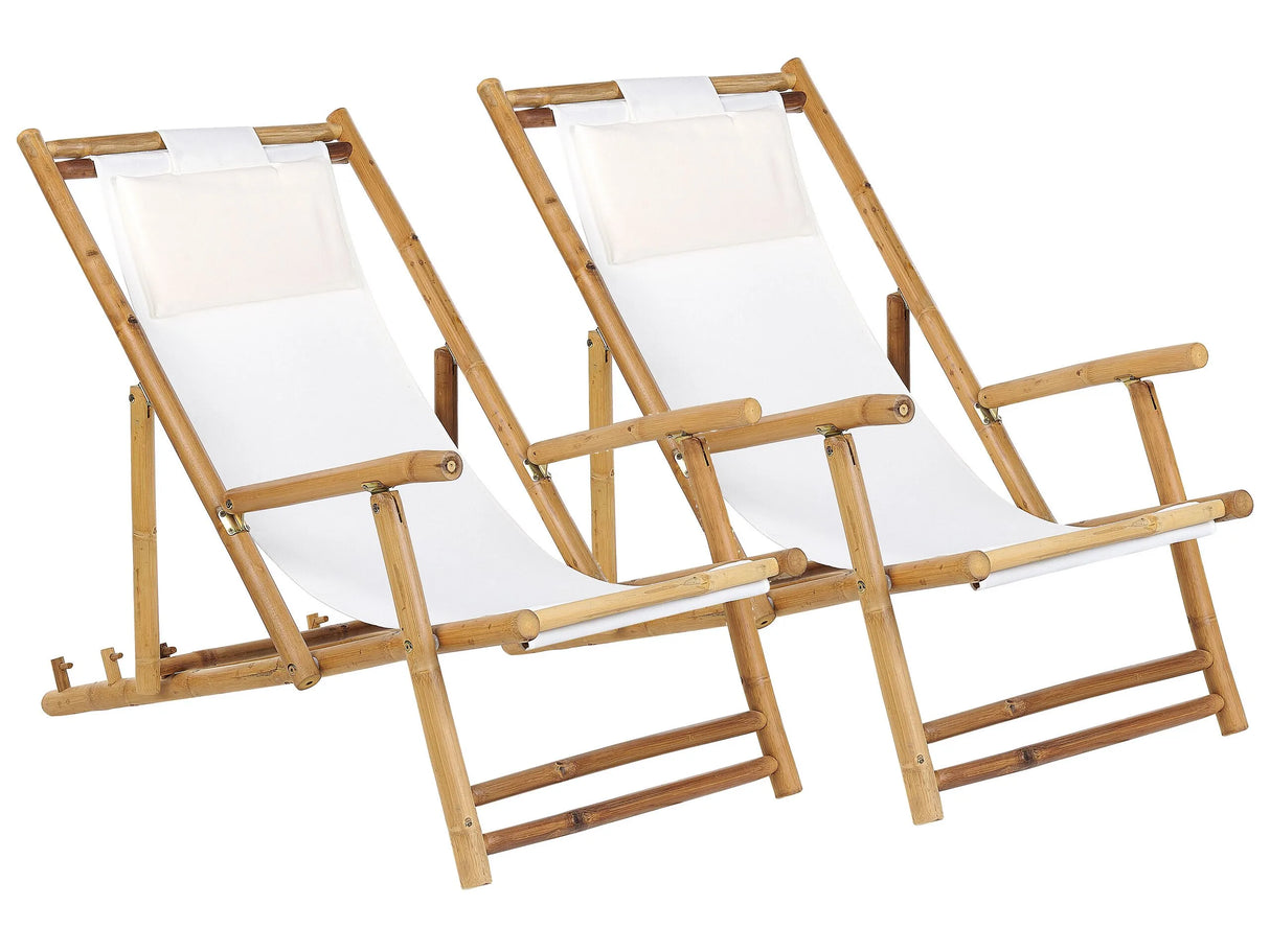 Set of 2 Sun Loungers Natural Bamboo Beige Sling Folding Deck Chairs Balcony Furniture Beliani