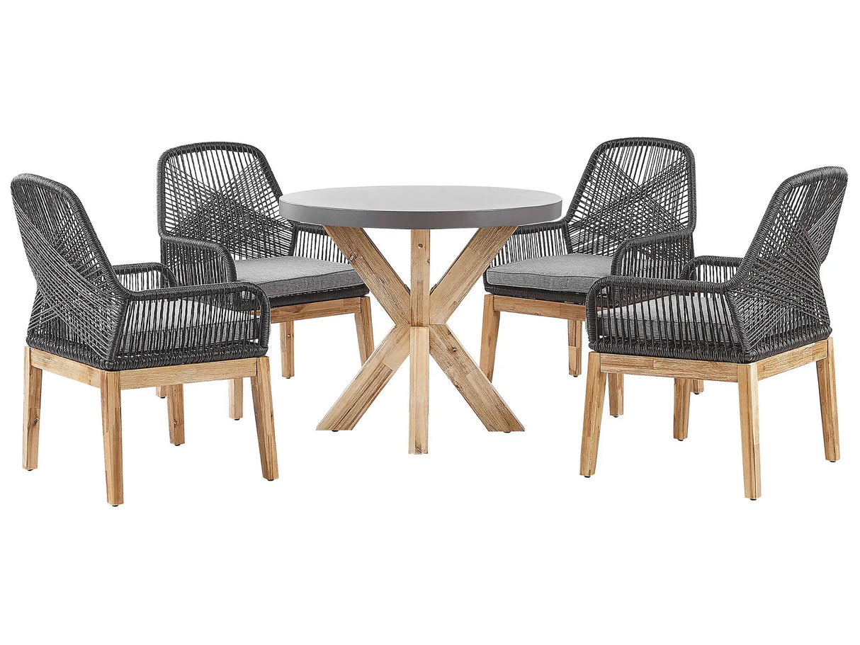 Outdoor Dining Set Grey Light Wood Fibre Cement For 4 People Round Table with Black Chairs Modern Design Beliani