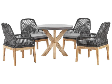Outdoor Dining Set Grey Light Wood Fibre Cement For 4 People Round Table with Black Chairs Modern Design Beliani