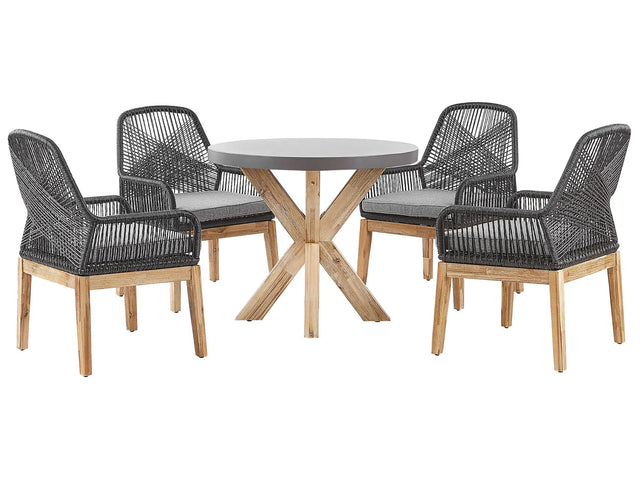Outdoor Dining Set Grey Light Wood Fibre Cement For 4 People Round Table with Black Chairs Modern Design Beliani