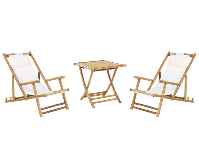 2 Seater Sun Lounger Set with Coffee Table Natural Bamboo Wood Beige Folding Deck Chairs and Side Table  Beliani