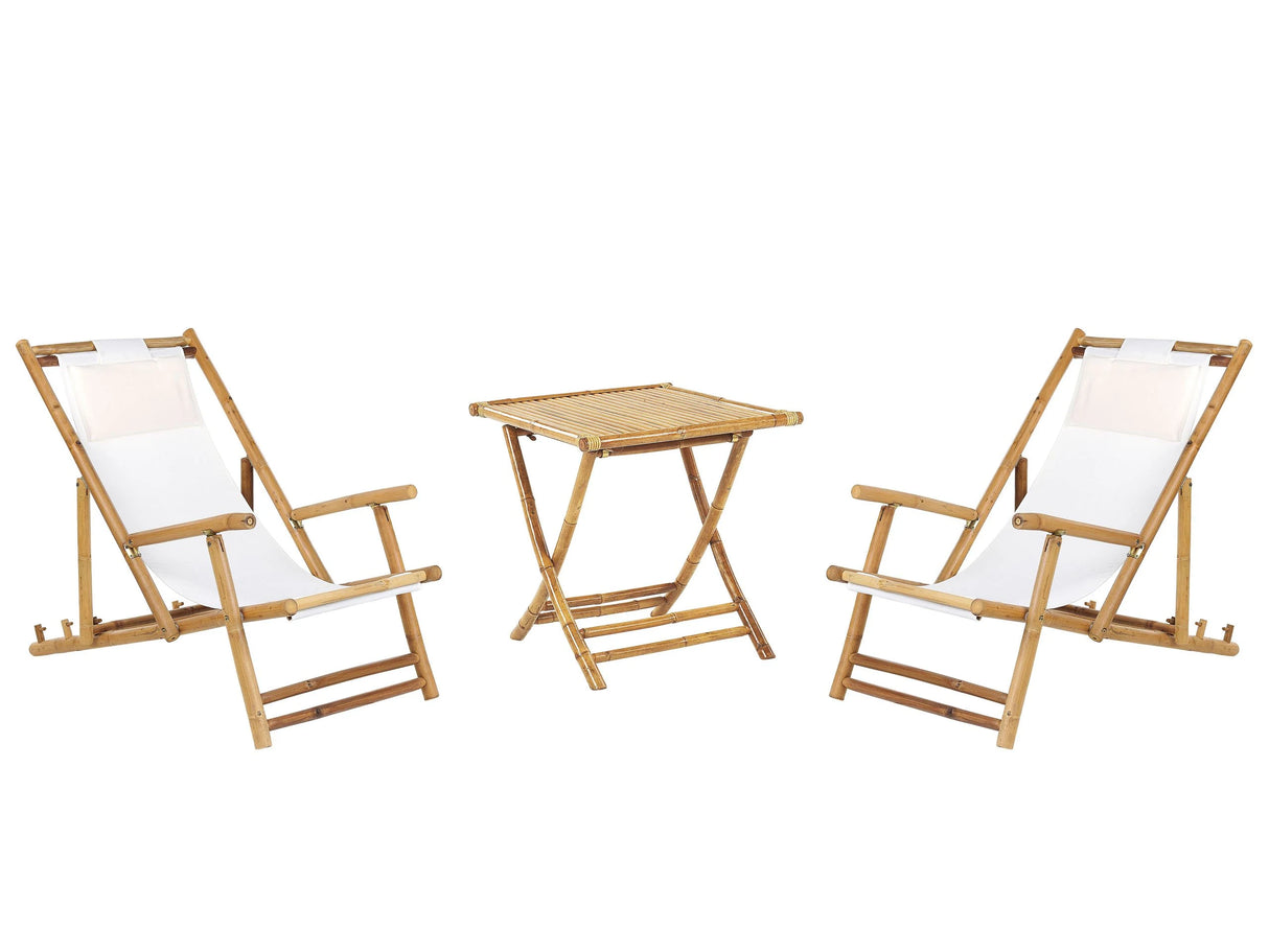 2 Seater Sun Lounger Set with Coffee Table Natural Bamboo Wood Beige Folding Deck Chairs and Side Table  Beliani