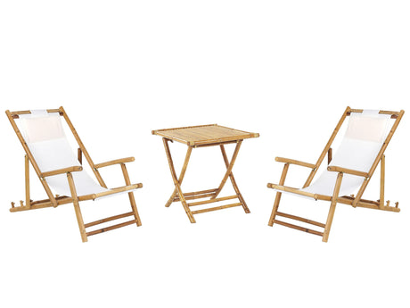 2 Seater Sun Lounger Set with Coffee Table Natural Bamboo Wood Beige Folding Deck Chairs and Side Table  Beliani
