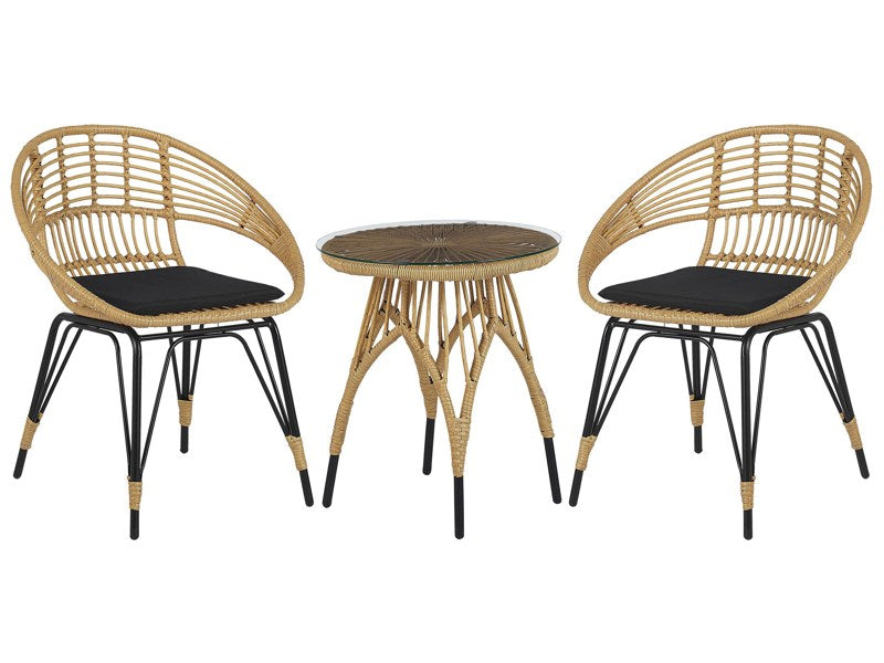 3 Piece Bistro Set Natural Colour Faux Rattan Black Metal Legs Beige Cushions Coffee Table Tempered Glass Top Modern Boho Garden Balcony Beliani