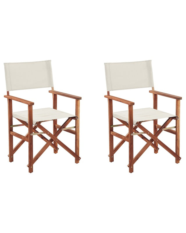 Set of 2 Garden Director's Chairs Dark Wood with Off-White Acacia Fabric Folding  Beliani