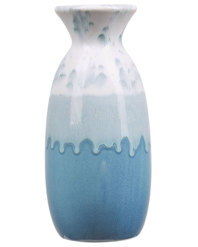 Flower Vase White and Blue Stoneware 25 cm Waterproof Decorative Home Accessory Tabletop Decor Beliani