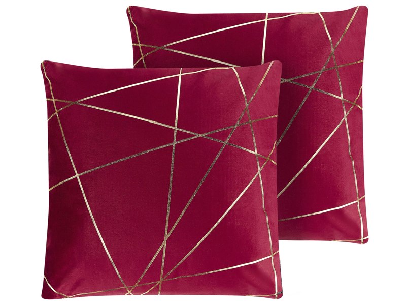 Set of 2 Scatter Cushions Red Velvet 45 x 45 cm Gold Geometric Pattern Decorative Throw Pillows Removable Covers Zipper Closure Glam Style Beliani