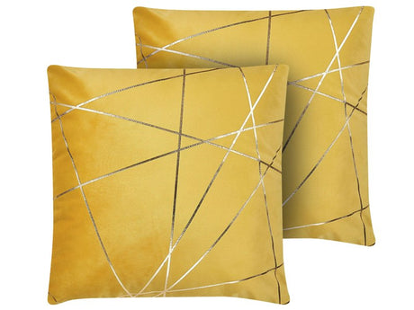 Set of 2 Scatter Cushions Yellow Velvet 45 x 45 cm Gold Geometric Pattern Decorative Throw Pillows Removable Covers Zipper Closure Glam Style Beliani