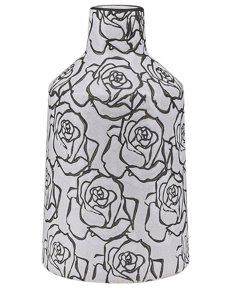 Flower Vase White with Black Stoneware Waterproof Roses Motif Crackle Effect Weathered Design Beliani