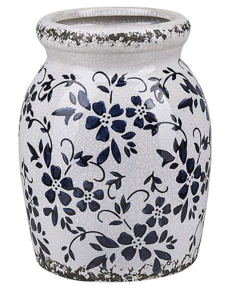 Flower Vase White with Navy Blue Stoneware Waterproof Crackle Effect Weathered Floral Pattern Beliani