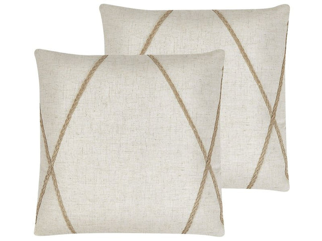 Set of 2 Scatter Cushions Beige 45 x 45 cm Jute Geometric Pattern Decorative Throw Pillows Removable Covers Zipper Closure Modern Boho Style Beliani