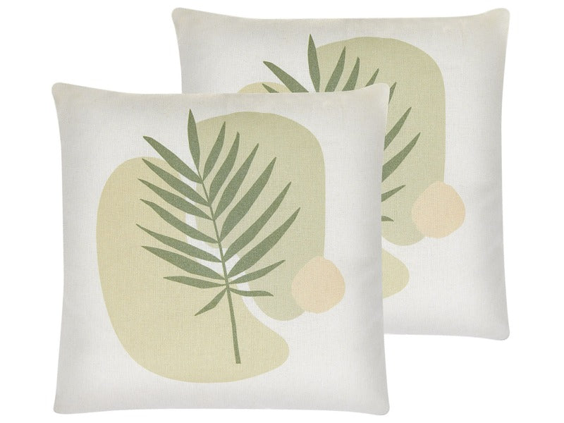 Set of 2 Scatter Cushions Green and Beige 45 x 45 cm Leaf Pattern Decorative Throw Pillows Removable Covers Zipper Closure Modern Boho Style Beliani