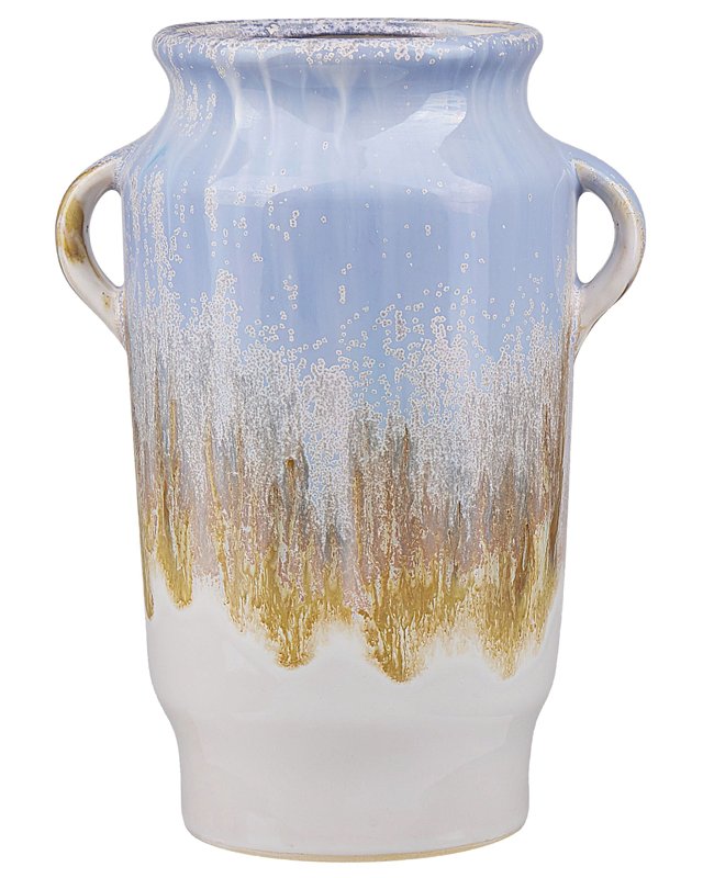 Flower Vase Blue with White Stoneware with Handles Decorative Piece Home Decor Modern Design Beliani