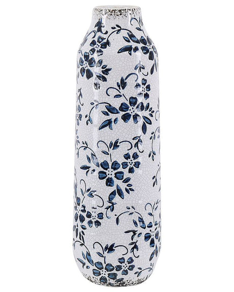 Flower Vase White and Blue Stoneware Tall 30 cm Floral Pattern Distressed Waterproof Beliani