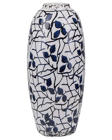 Flower Vase White and Blue Stoneware Home Accessory Waterproof Floral Pattern Retro Style Distressed Beliani