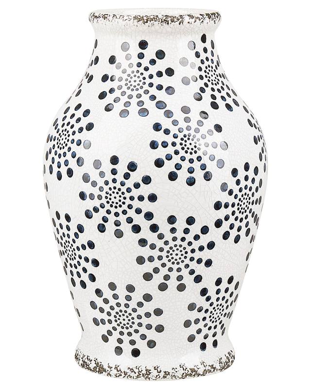 Flower Vase White and Blue Stoneware Waterproof Distressed Look Dot Pattern Retro Design Beliani