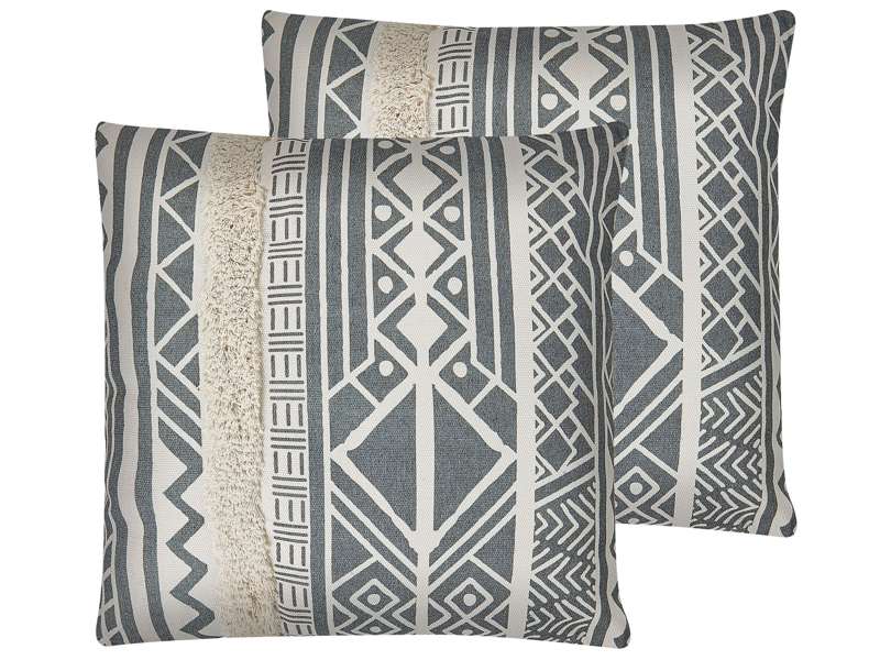 Set of 2 Scatter Cushions Grey Polyester Cotton 45 x 45 cm Boho Geometric Pattern Fringe Living Room Bedroom Beliani