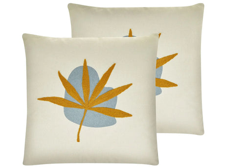 Set of 2 Decorative Throw Cushions Orange Polyester Cotton 45 x 45 cm Boho Embroidered Leaf Motif Living Room Bedroom Beliani