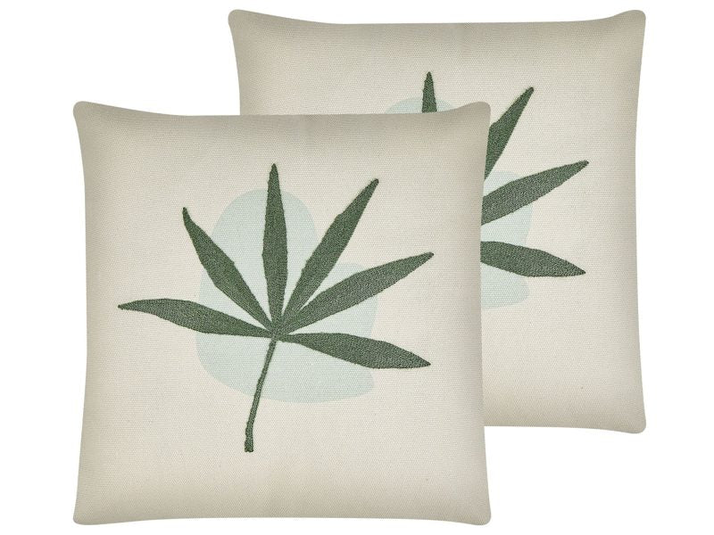 Set of 2 Decorative Throw Cushions Green Polyester Cotton 45 x 45 cm Boho Embroidered Leaf Motif Living Room Bedroom Beliani