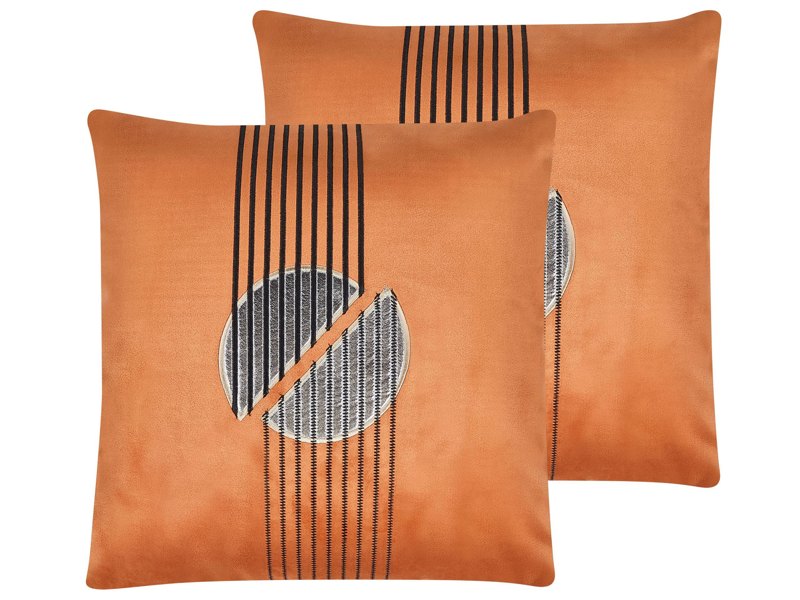 Set of 2 Scatter Cushions Orange Velvet 45 x 45 cm Glamour Zipper Geometric Pattern Living Room Bedroom Beliani