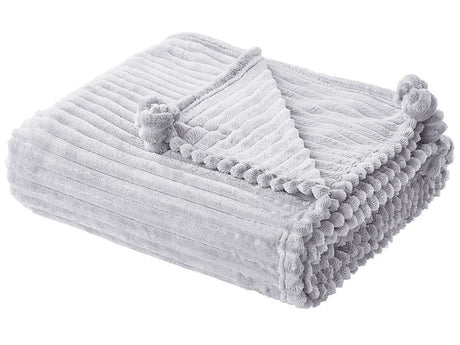 Blanket Light Grey Polyester 150 x 200 cm Ribbed Structure with Pom-Poms Throw Bedding Beliani