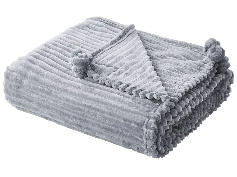 Blanket Grey Polyester 150 x 200 cm Ribbed Structure with Pom-Poms Throw Bedding Beliani