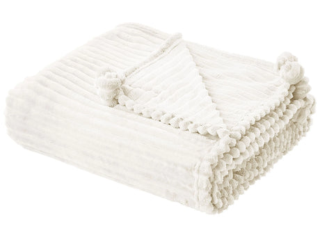 Blanket White Polyester 150 x 200 cm Ribbed Structure with Pom-Poms Throw Bedding Beliani