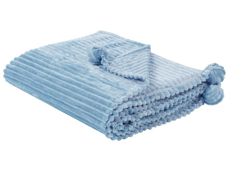 Blanket Blue Polyester 150 x 200 cm Ribbed Structure with Pom-Poms Throw Bedding Beliani