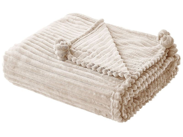 Blanket Beige Polyester 150 x 200 cm Ribbed Structure with Pom-Poms Throw Bedding Beliani