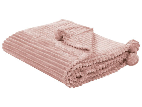 Blanket Pink Polyester 150 x 200 cm Ribbed Structure with Pom-Poms Throw Bedding Beliani