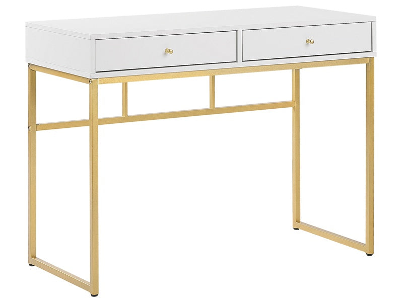 Console Table White 2 Drawers 100 x 48 cm Golden Metal Base Home Office Desk Glamour Beliani