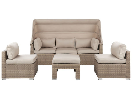 Outdoor Garden Set Beige Light Brown PE Rattan Sofa with Canopy and Cushions Chairs Ottoman Modern Design Beliani