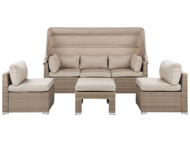 Outdoor Garden Set Beige Light Brown PE Rattan Sofa with Canopy and Cushions Chairs Ottoman Modern Design Beliani