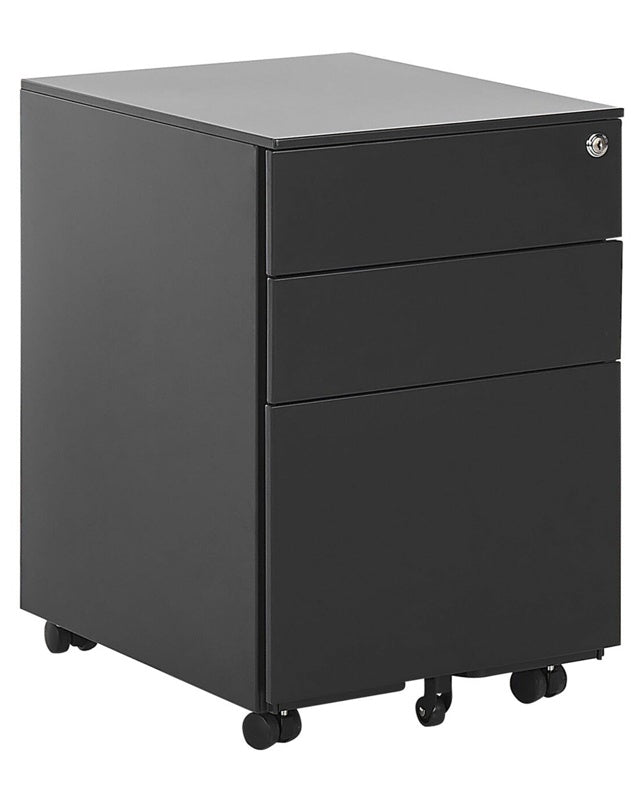 Office Storage Unit Black Steel with Castors 3 Drawers Key-Locked Industrial Design Beliani