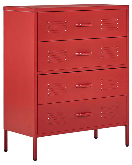 4 Drawer Chest Red Metal Steel Storage Cabinet Industrial Style for Home Office Living Room Beliani