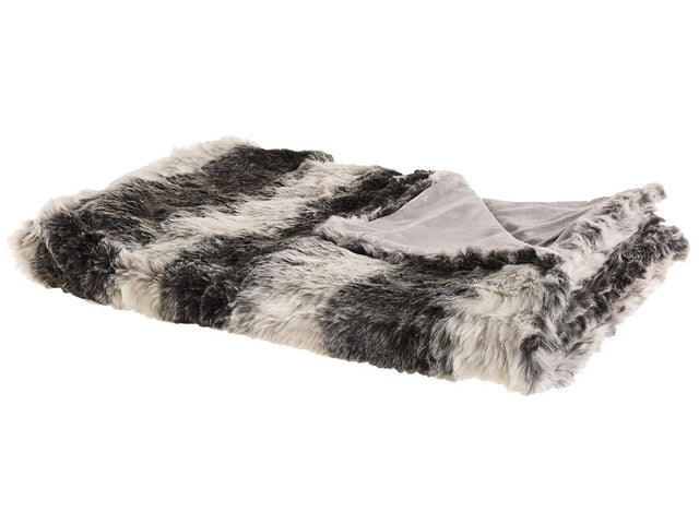 Blanket Grey and White Acrylic 180 x 220 cm Fluffy Throw Faux Fur Striped Pattern Retro Design  Beliani