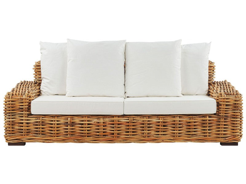 Garden Sofa Natural Rattan Outdoor 3 Seater with Off-White Cushions Wicker Traditional Boho Living Room Beliani