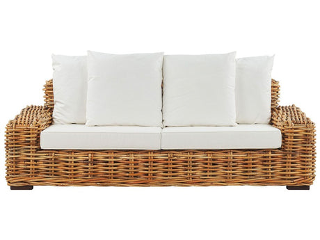 Garden Sofa Natural Rattan Outdoor 3 Seater with Off-White Cushions Wicker Traditional Boho Living Room Beliani