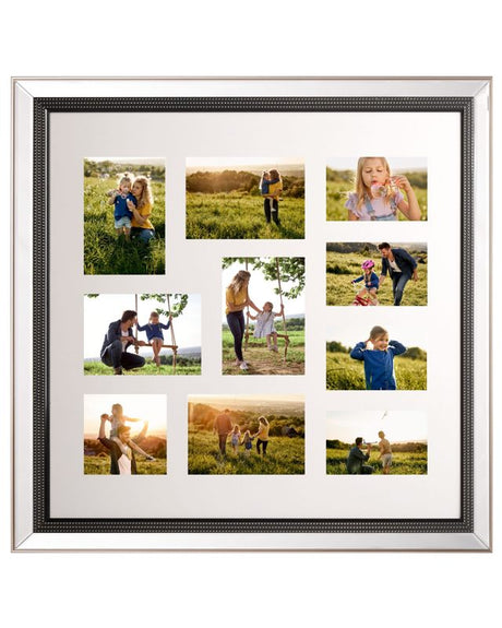 Multi Photo Frame Silver Glass Plastic 69 x 69 cm Mirrored for 10 Pictures 14x9 cm 12x17 cm 12x12 cm Collage Aperture Beliani