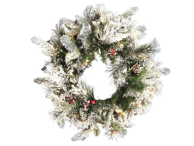 Christmas Wreath White Synthetic Material 55 cm Pre Lit Artificial Snow Pine Cons Seasonal Home Decor Beliani