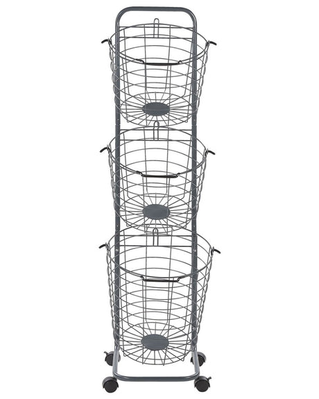 3 Tier Wire Basket Stand Grey Metal with Castors Handles Detachable Kitchen Bathroom Storage Accessory for Towels Newspaper Fruits Vegetables Beliani