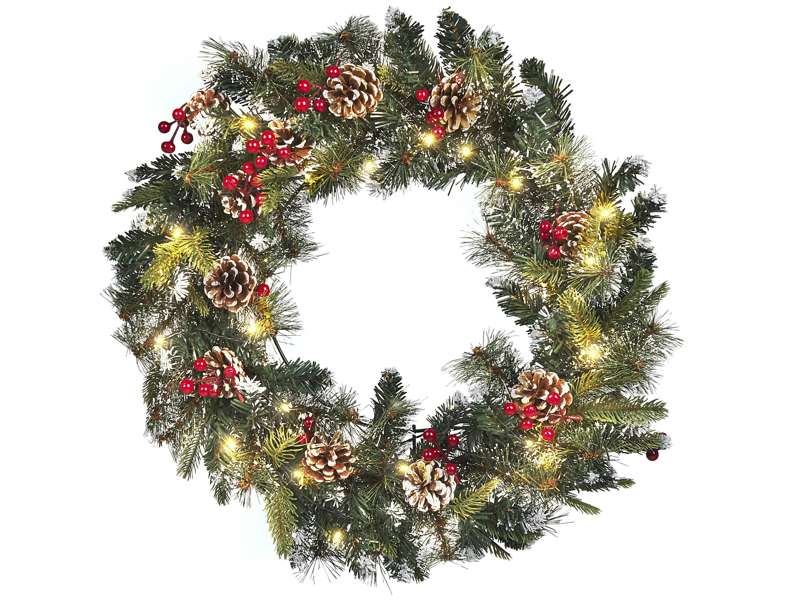 Christmas Wreath Green and White Synthetic Material Round 60 cm LED Lights Hanging Indoor Accessory Beliani