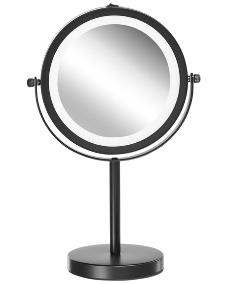 Makeup Mirror Black Iron Metal Frame  13 cm with LED Light 1x/5x Magnification Double Sided Cosmetic Desktop Beliani
