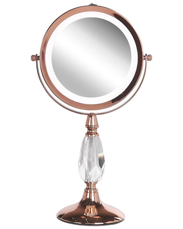 Makeup Mirror Rose Gold Iron Metal Frame ø 13 cm with LED Light 1x/5x Magnification Double Sided Cosmetic Desktop Beliani