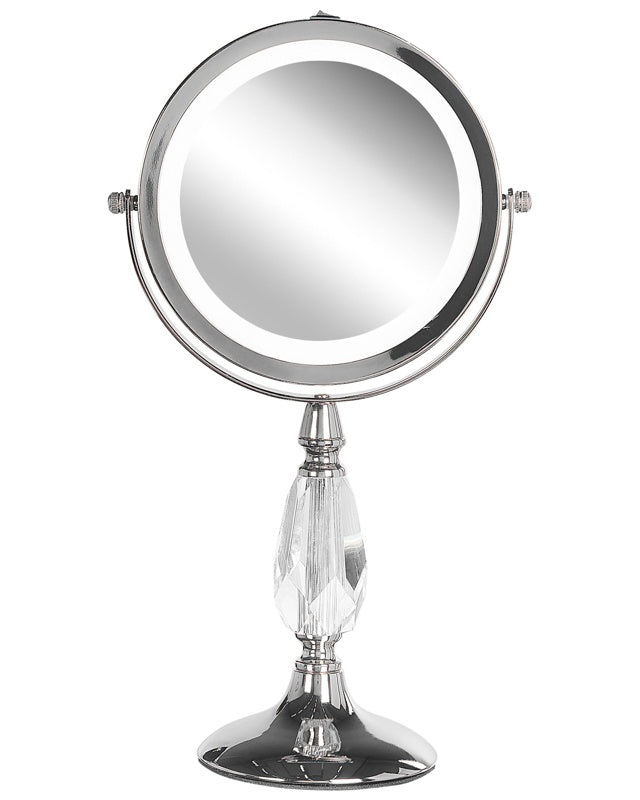 Makeup Mirror Silver Iron Metal Frame ø 13 cm with LED Light 1x/5x Magnification Double Sided Cosmetic Desktop Beliani