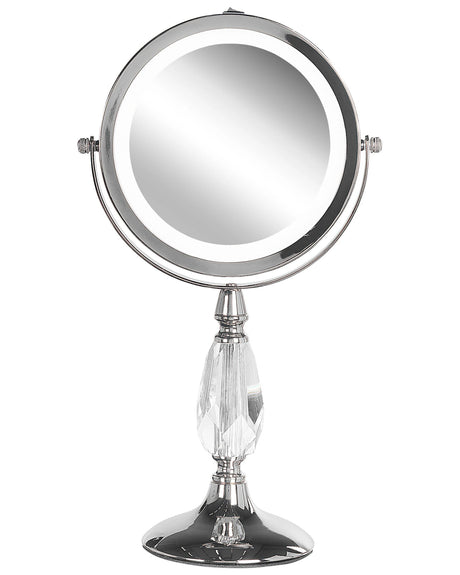 Makeup Mirror Silver Iron Metal Frame  13 cm with LED Light 1x/5x Magnification Double Sided Cosmetic Desktop Beliani
