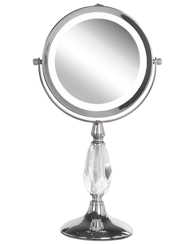 Makeup Mirror Silver Iron Metal Frame  13 cm with LED Light 1x/5x Magnification Double Sided Cosmetic Desktop Beliani