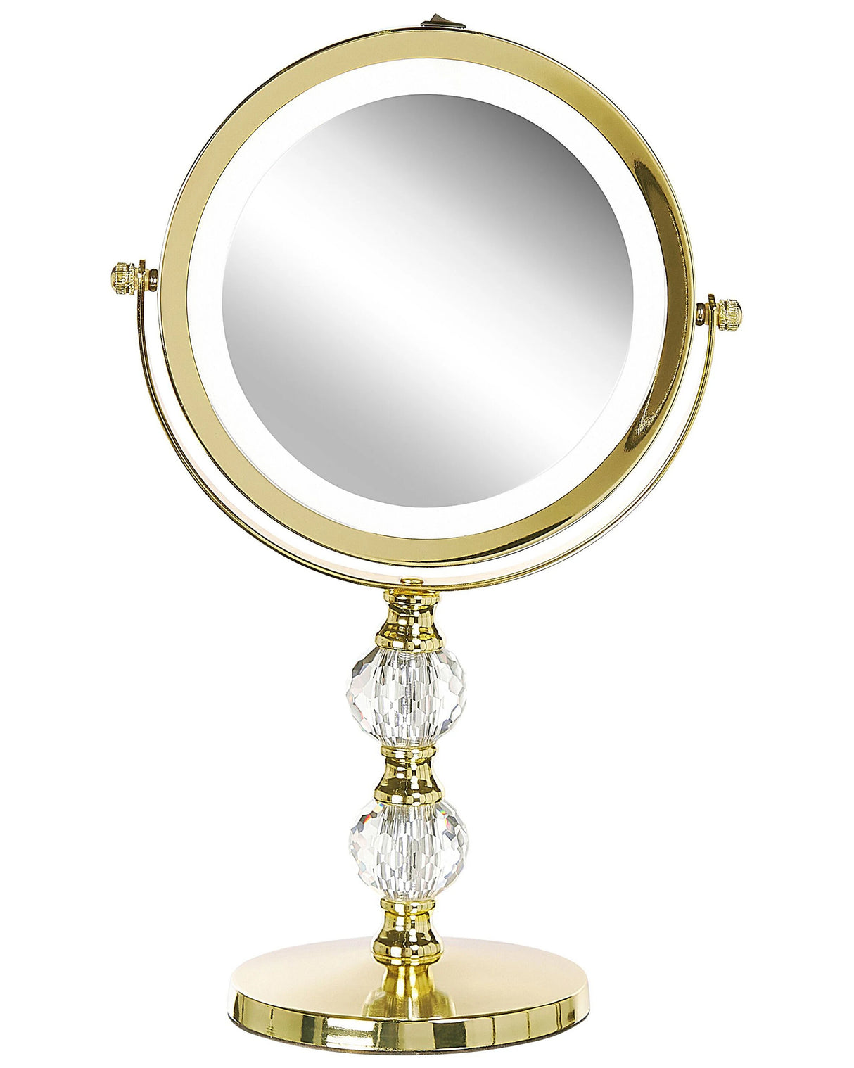 Makeup Mirror Gold Iron Metal Frame  13 cm with LED Light 1x/5x Magnification Double Sided Cosmetic Desktop Beliani